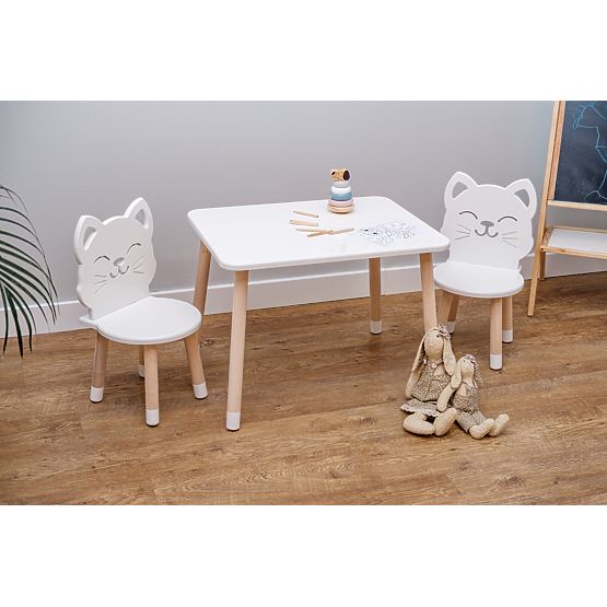 Children's Table with Chairs - Cat - White