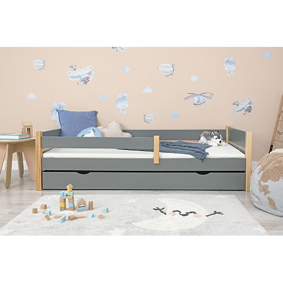 Children's Wooden Bed Scandie with Guardrail - Grey