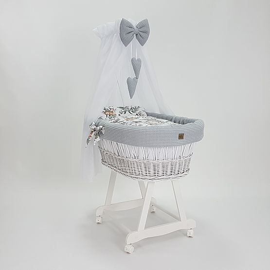 White Wicker Baby Crib with Forest Animals Bedding Set