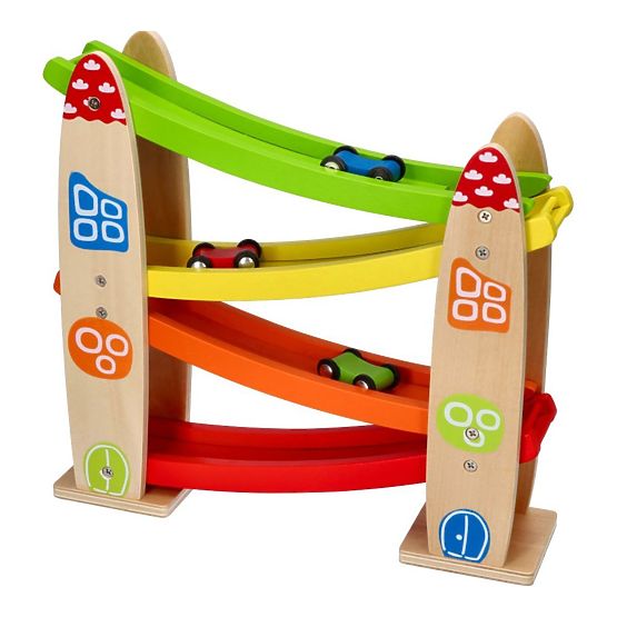 Wooden space slide with toy cars